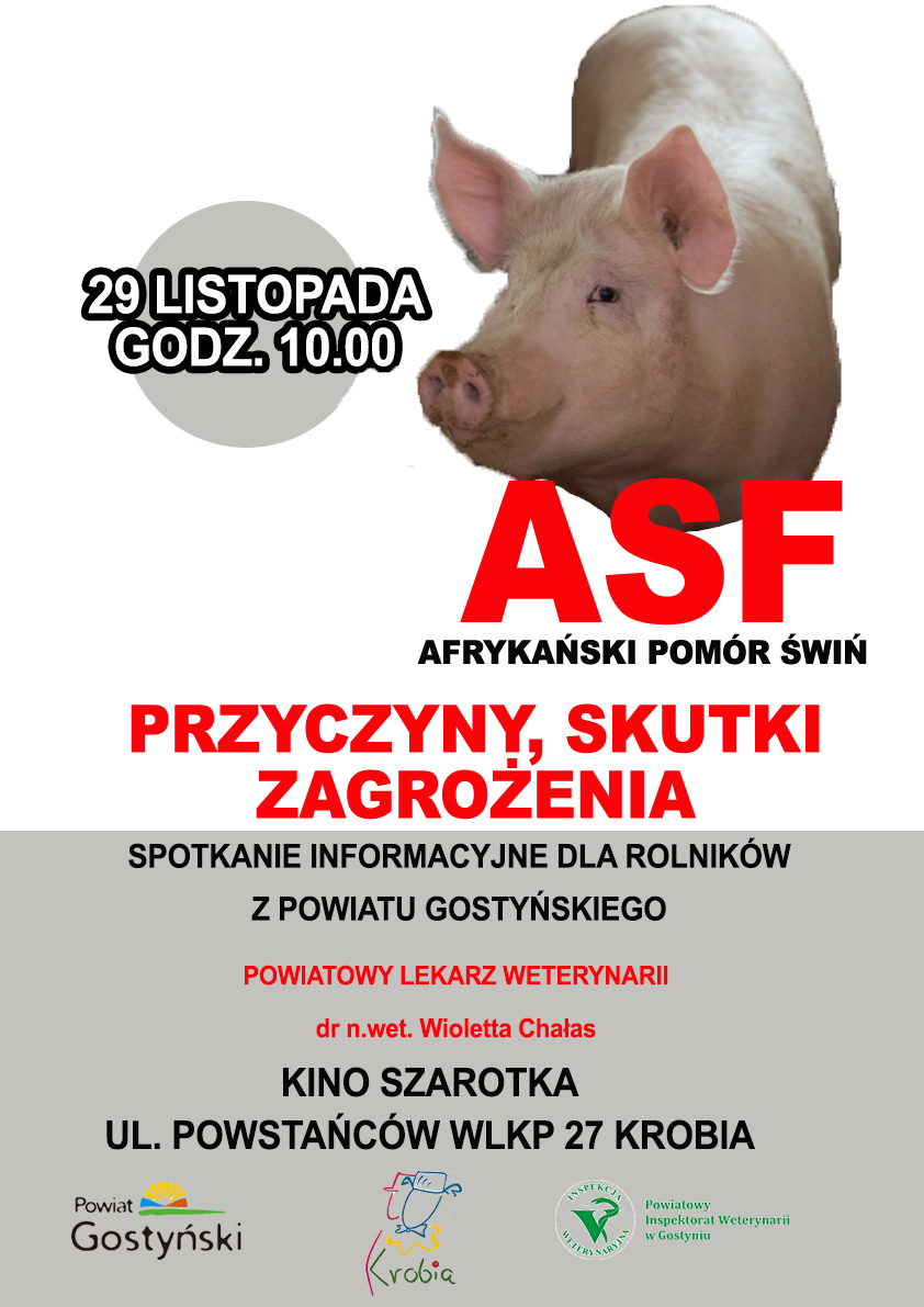  Na zdjęciu (plakat) widzimy świnię rasy białej oraz informację będącą zaproszeniem dla rolników na spotkanie informacyjne z Powiatowym Lekarzem Weterynarii dr n. wet Wioletta Chałas. Spotkanie odbędzie w dniu 29 listopada 2019 r. o godzinie 10:00. w Kinie Szarotka, ul. powstańców wlkp. 27, Krobia