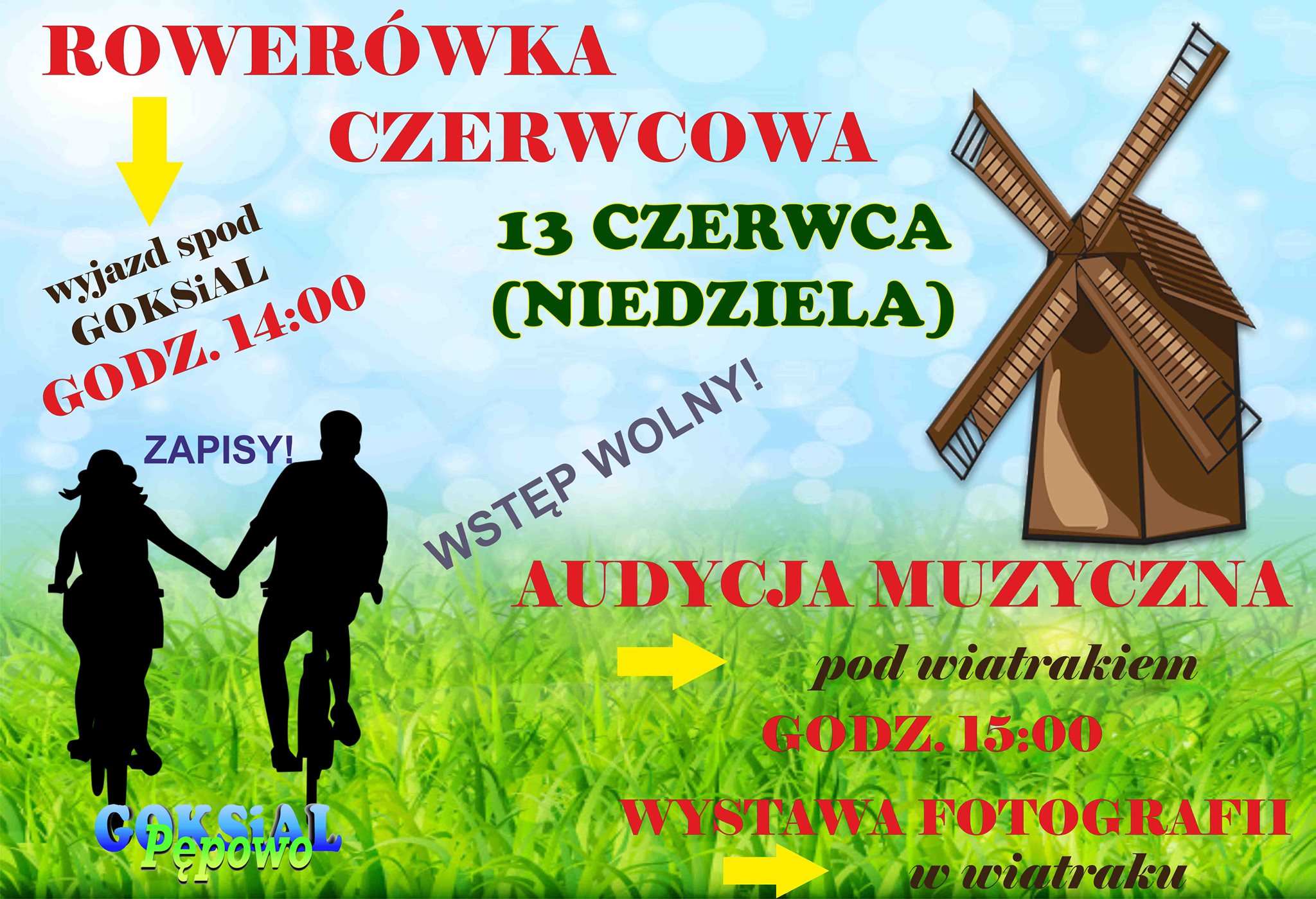 Czerwcówka rowerowa - Wyjazd spod GOKiAL w dniu 13 czerwca (niedziela) o godz. 14:00. Prosimy o zapisy w GOKiAL celem ubezpieczenia