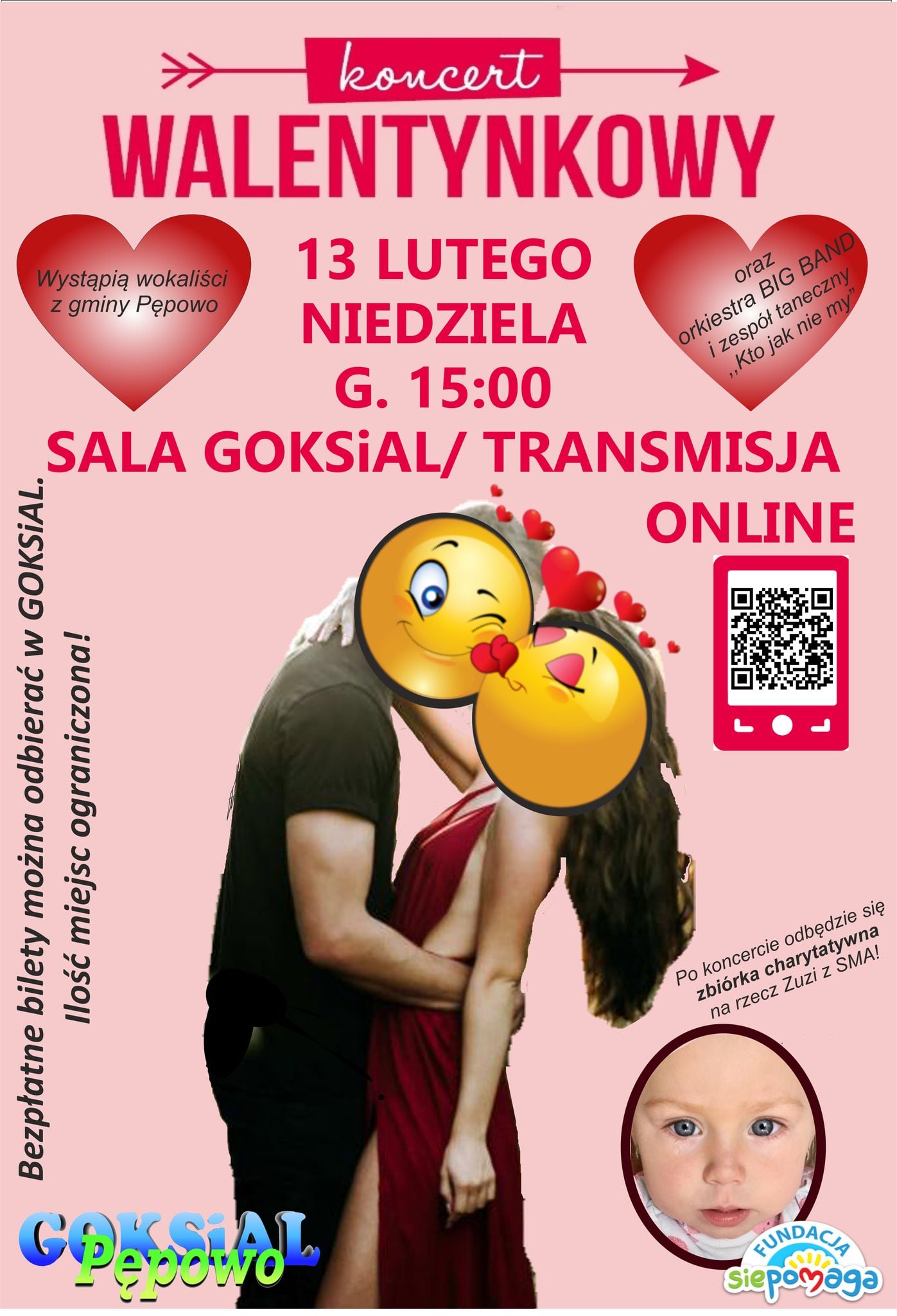Koncert Walentynkowy - 13 Lutego (Niedziela) w Sali GOKSiAL o godzinie 15:00, Bezpłatne bilety do odebrania w biurze GOKSiAL, ilość miejsc ograniczona, będzie transmisja online. Po koncercie odbędzie się zbiórka na rzecz ZUZI z SMA